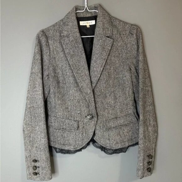 Vintage Glacier gray blazer with black lace trim. Size M, button up - Picture 2 of 8